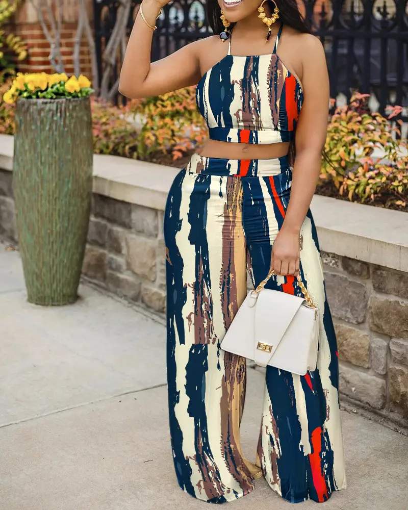 ABSTRACT PRINT CROP TOP WIDE LEG PANTS SET - Missyess