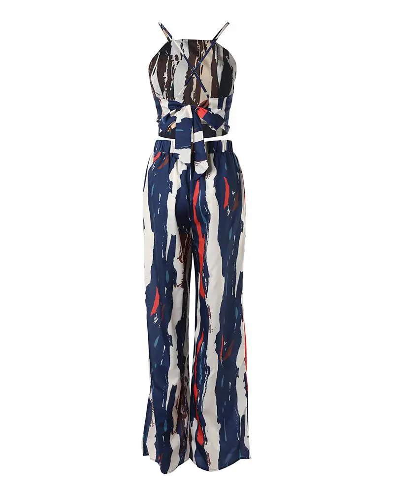 ABSTRACT PRINT CROP TOP WIDE LEG PANTS SET - Missyess