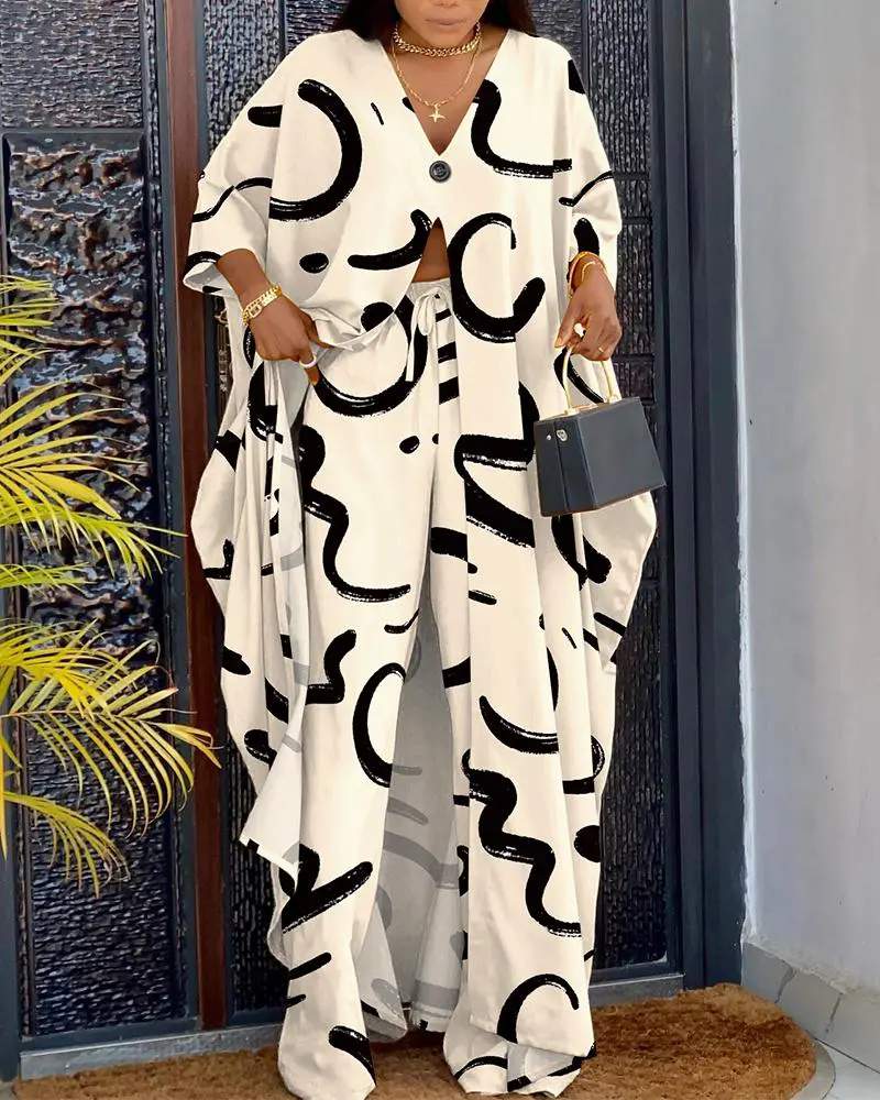 ABSTRACT PRINT HIGH SLIT LONGLINE TOP PANTS SET - Missyess