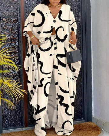 ABSTRACT PRINT HIGH SLIT LONGLINE TOP PANTS SET - Missyess