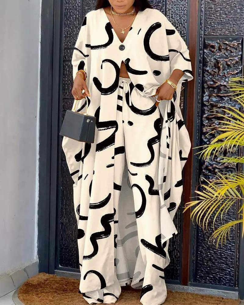 ABSTRACT PRINT HIGH SLIT LONGLINE TOP PANTS SET - Missyess