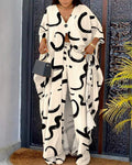 ABSTRACT PRINT HIGH SLIT LONGLINE TOP PANTS SET - Missyess