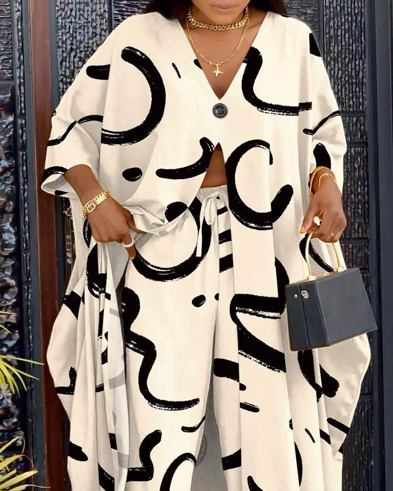 ABSTRACT PRINT HIGH SLIT LONGLINE TOP PANTS SET - Missyess