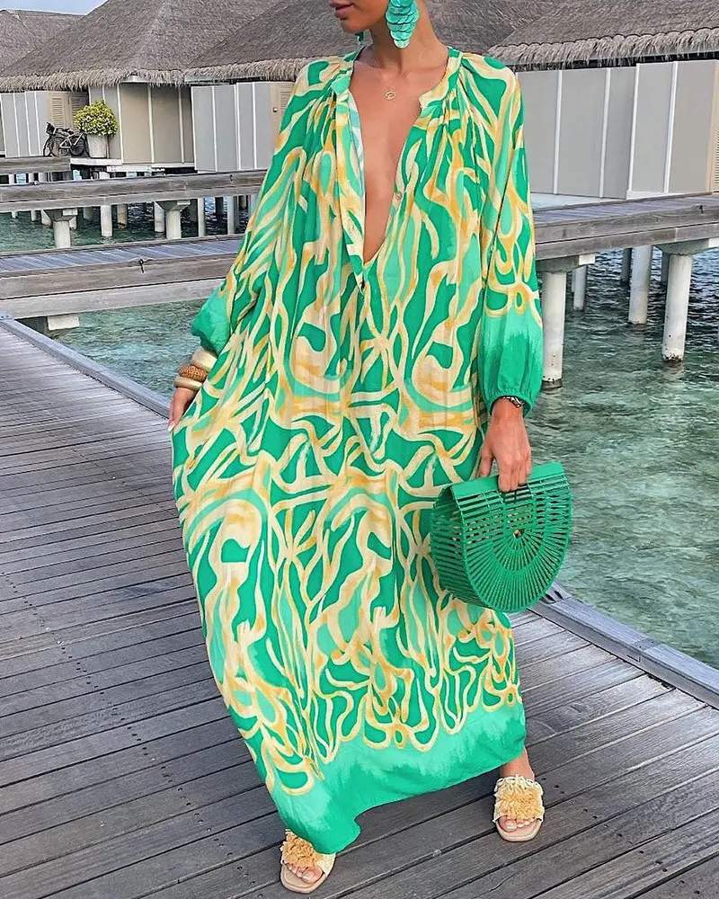 ABSTRACT PRINT LANTERN SLEEVE SHIRT DRESS - Missyess