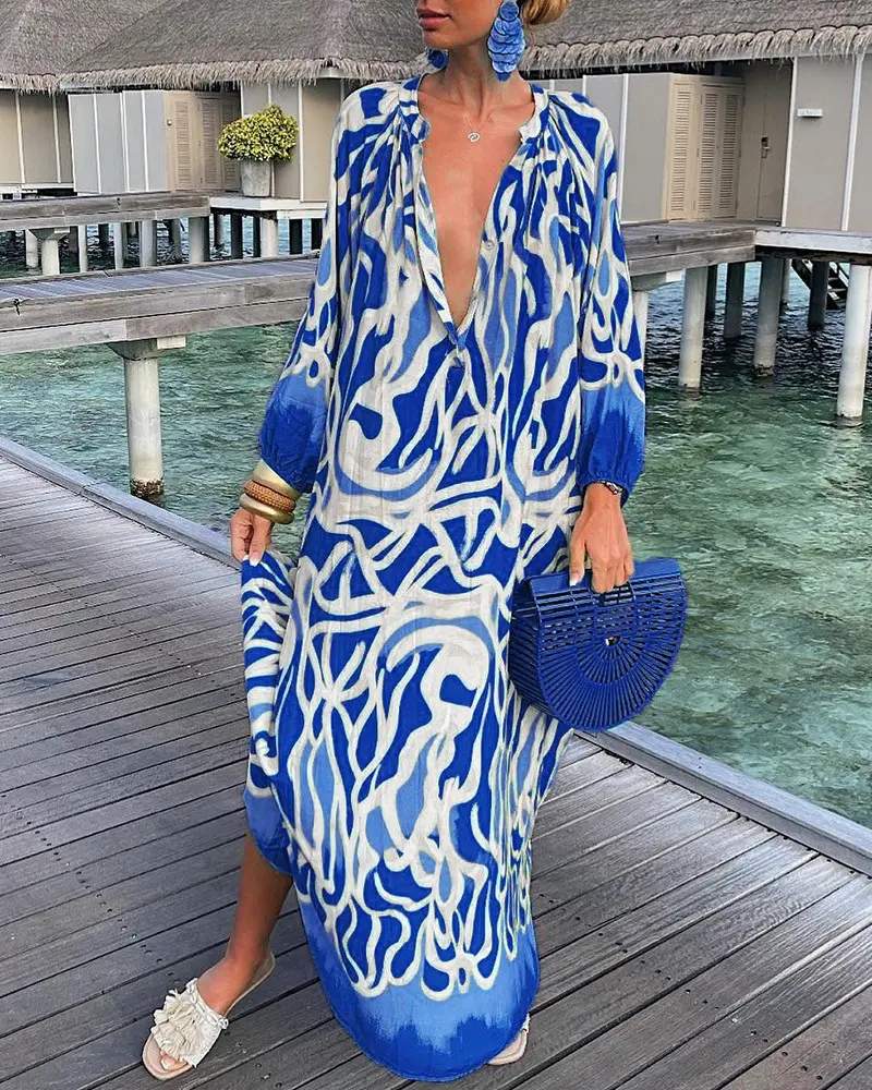 ABSTRACT PRINT LANTERN SLEEVE SHIRT DRESS - Missyess