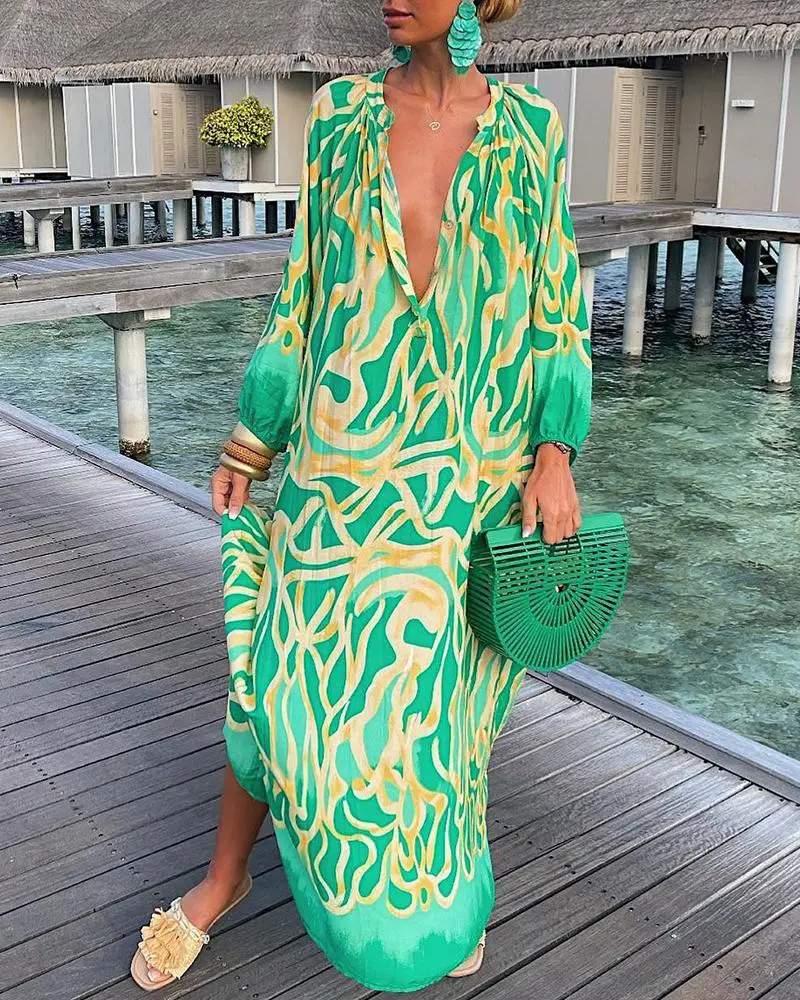 ABSTRACT PRINT LANTERN SLEEVE SHIRT DRESS - Missyess