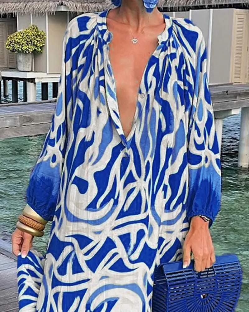 ABSTRACT PRINT LANTERN SLEEVE SHIRT DRESS - Missyess
