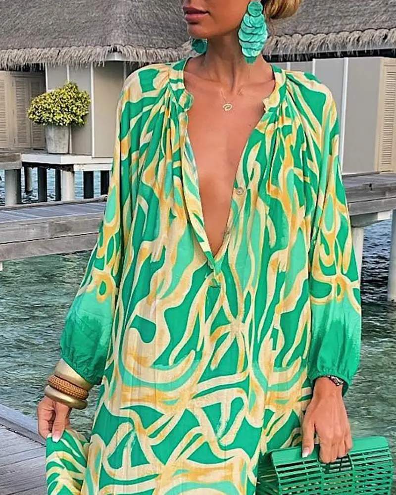 ABSTRACT PRINT LANTERN SLEEVE SHIRT DRESS - Missyess
