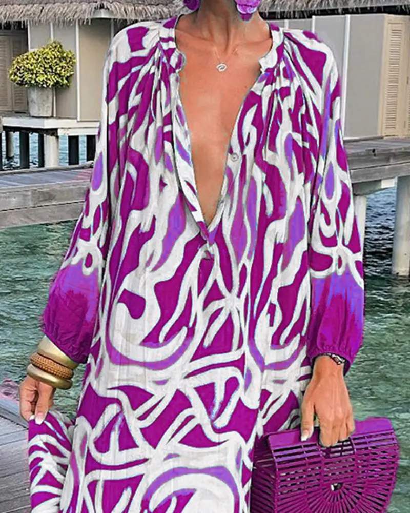 ABSTRACT PRINT LANTERN SLEEVE SHIRT DRESS - Missyess