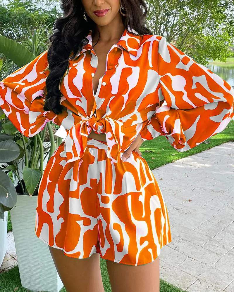 ABSTRACT PRINT LANTERN SLEEVE TOP SHORTS SET - Missyess