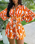ABSTRACT PRINT LANTERN SLEEVE TOP SHORTS SET - Missyess