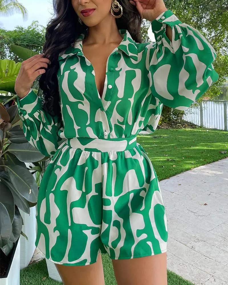 ABSTRACT PRINT LANTERN SLEEVE TOP SHORTS SET - Missyess