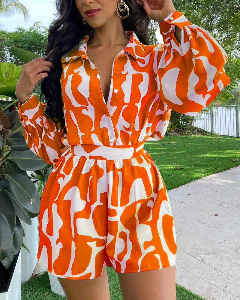ABSTRACT PRINT LANTERN SLEEVE TOP SHORTS SET - Missyess