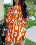 ABSTRACT PRINT LANTERN SLEEVE TOP SHORTS SET - Missyess