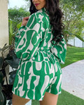 ABSTRACT PRINT LANTERN SLEEVE TOP SHORTS SET - Missyess