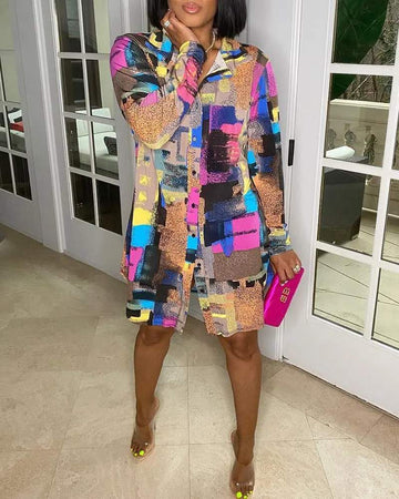 ABSTRACT PRINT LONG SLEEVE BUTTON DESIGN SHIRT DRESS - Missyess