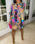 ABSTRACT PRINT LONG SLEEVE BUTTON DESIGN SHIRT DRESS - Missyess