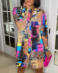 ABSTRACT PRINT LONG SLEEVE BUTTON DESIGN SHIRT DRESS - Missyess