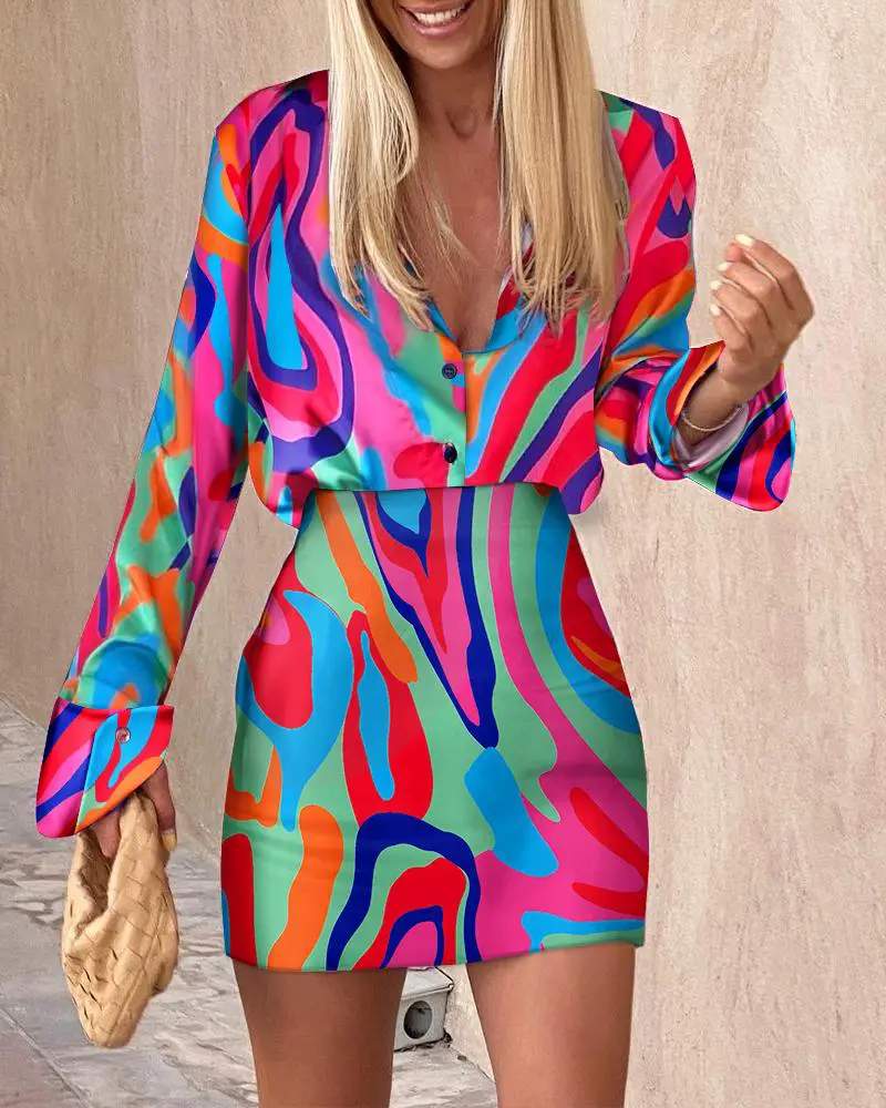 ABSTRACT PRINT LONG SLEEVE BUTTON DOWN SHIRT SKIRT SET - Missyess
