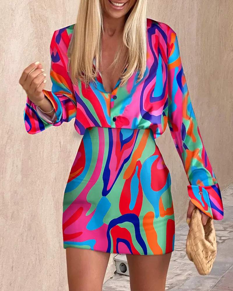 ABSTRACT PRINT LONG SLEEVE BUTTON DOWN SHIRT SKIRT SET - Missyess