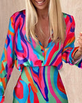 ABSTRACT PRINT LONG SLEEVE BUTTON DOWN SHIRT SKIRT SET - Missyess