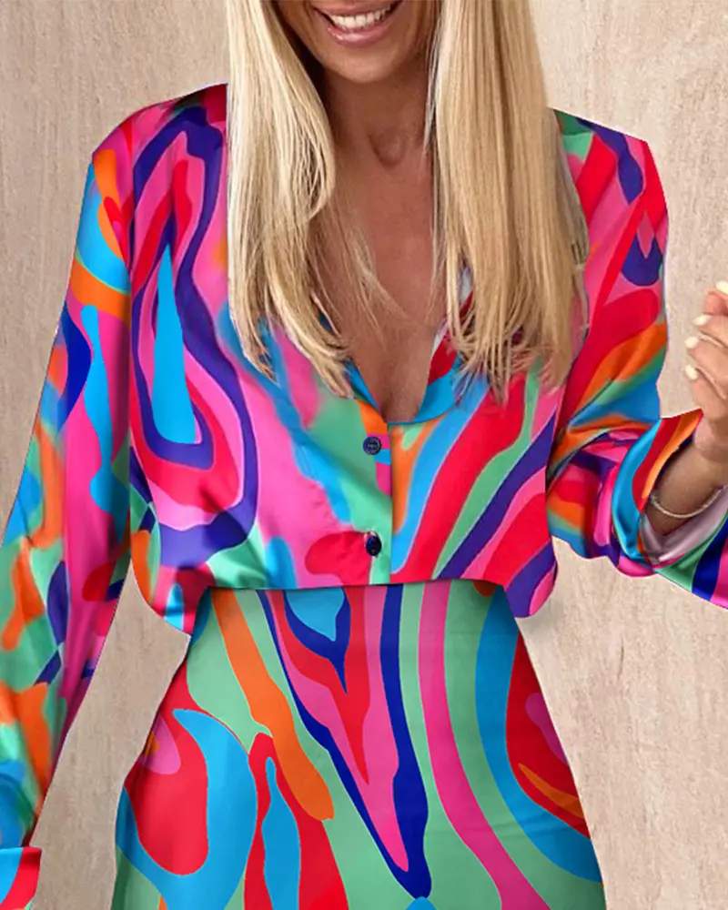 ABSTRACT PRINT LONG SLEEVE BUTTON DOWN SHIRT SKIRT SET - Missyess