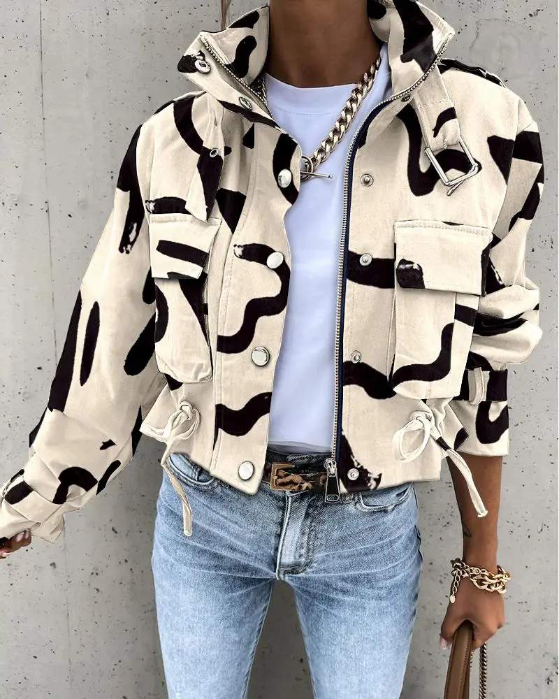 ABSTRACT PRINT LONG SLEEVE ZIP UP BIKER JACKET - Missyess