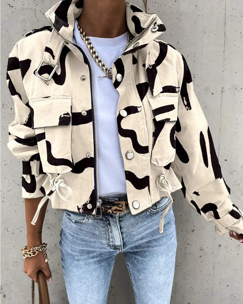 ABSTRACT PRINT LONG SLEEVE ZIP UP BIKER JACKET - Missyess