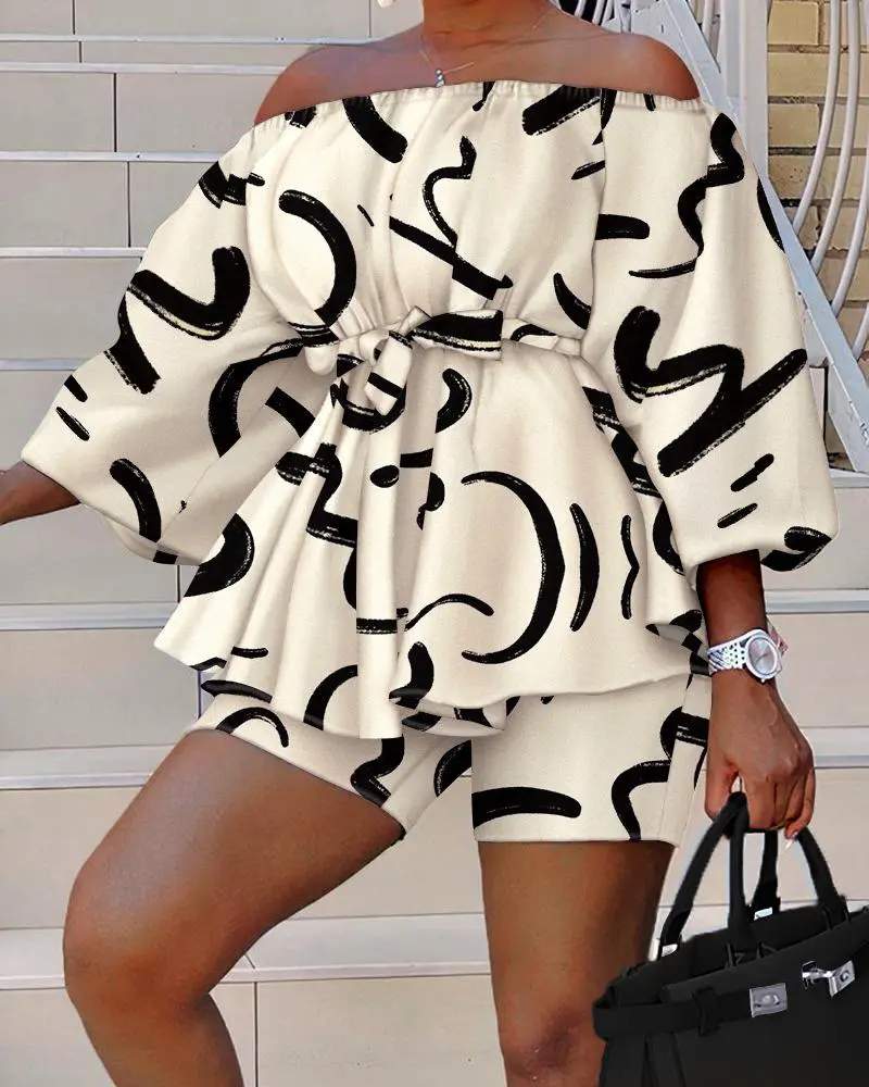 ABSTRACT PRINT OFF SHOULDER BELTED TOP SHORTS SET - Missyess