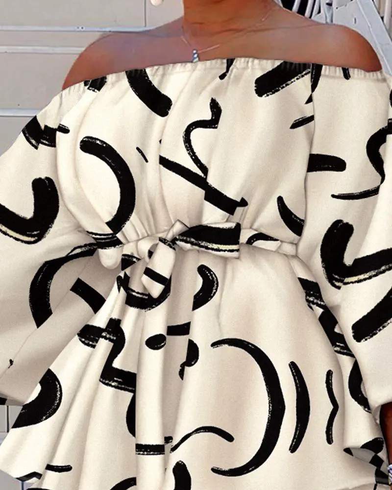 ABSTRACT PRINT OFF SHOULDER BELTED TOP SHORTS SET - Missyess