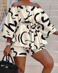 ABSTRACT PRINT OFF SHOULDER BELTED TOP SHORTS SET - Missyess