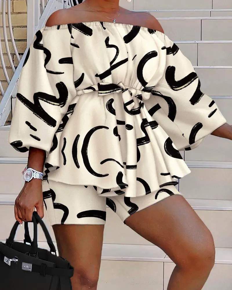 ABSTRACT PRINT OFF SHOULDER BELTED TOP SHORTS SET - Missyess