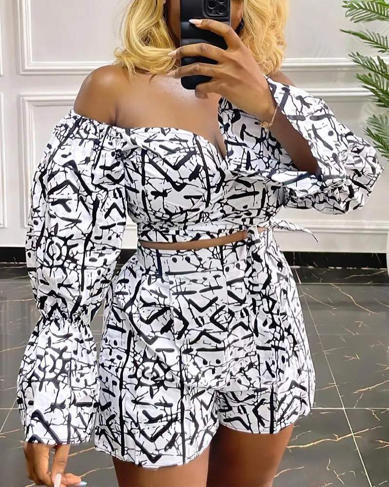 ABSTRACT PRINT OFF SHOULDER CROP TOP SHORTS SET - Missyess