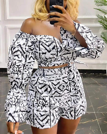 ABSTRACT PRINT OFF SHOULDER CROP TOP SHORTS SET - Missyess