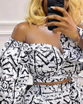 ABSTRACT PRINT OFF SHOULDER CROP TOP SHORTS SET - Missyess