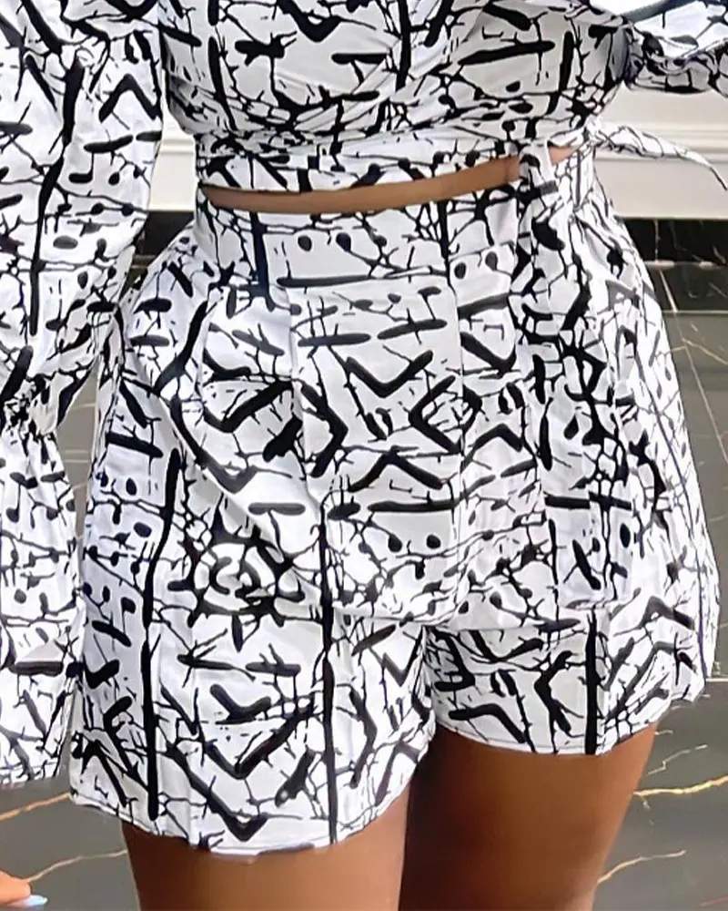 ABSTRACT PRINT OFF SHOULDER CROP TOP SHORTS SET - Missyess