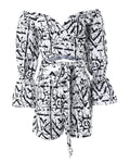 ABSTRACT PRINT OFF SHOULDER CROP TOP SHORTS SET - Missyess