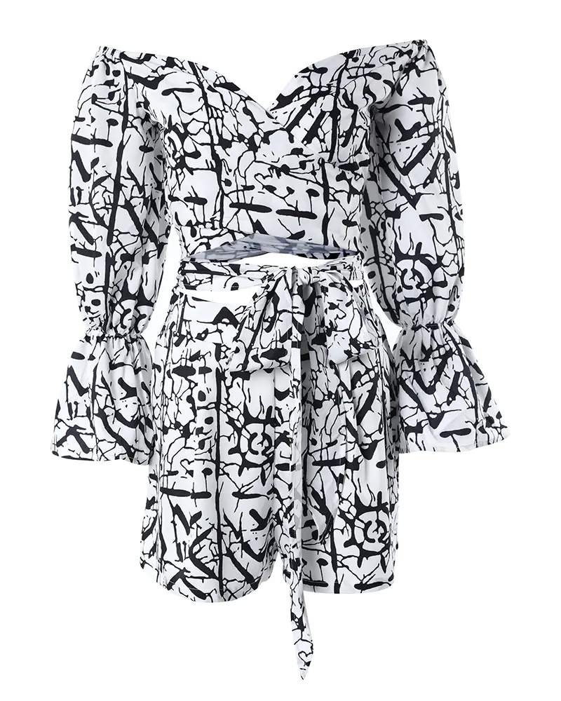 ABSTRACT PRINT OFF SHOULDER CROP TOP SHORTS SET - Missyess