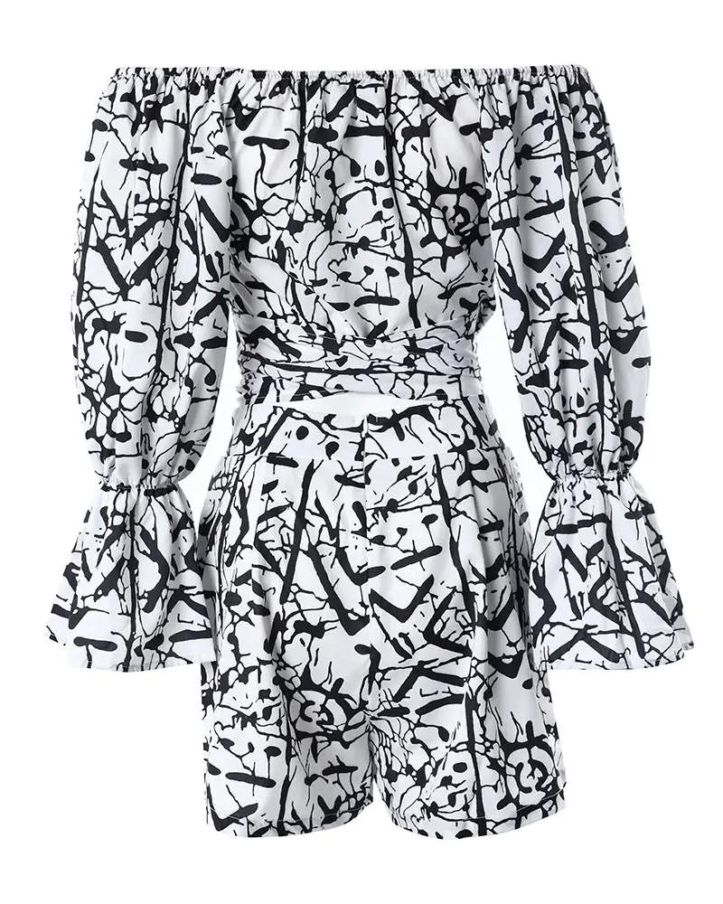 ABSTRACT PRINT OFF SHOULDER CROP TOP SHORTS SET - Missyess