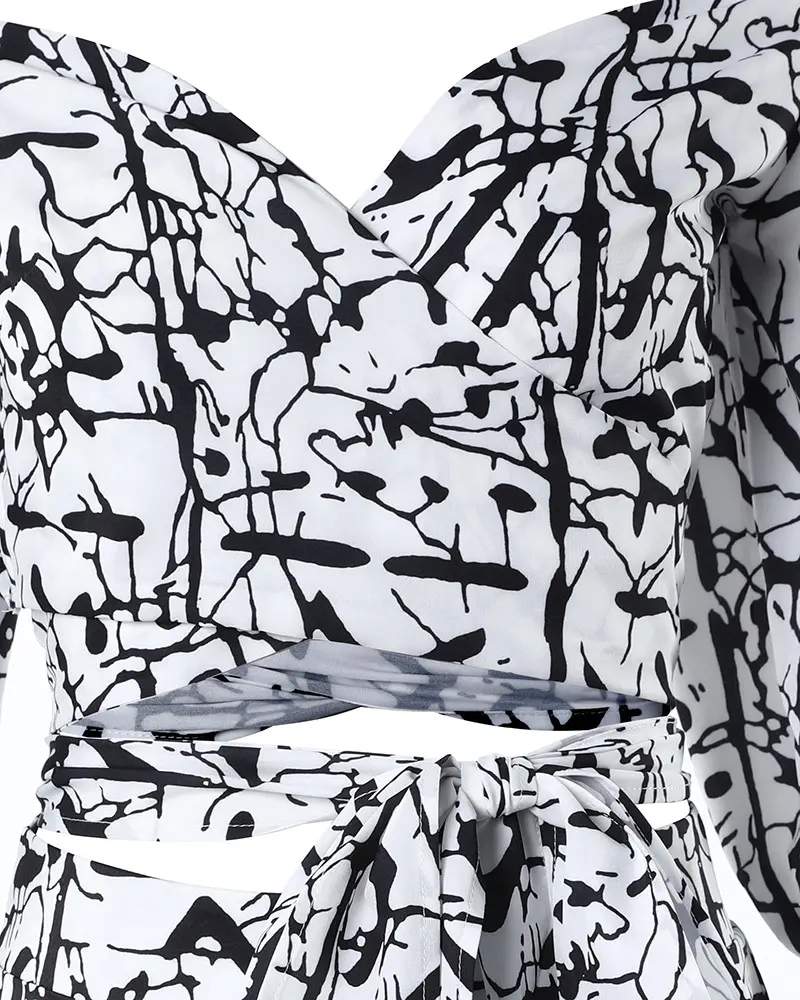 ABSTRACT PRINT OFF SHOULDER CROP TOP SHORTS SET - Missyess