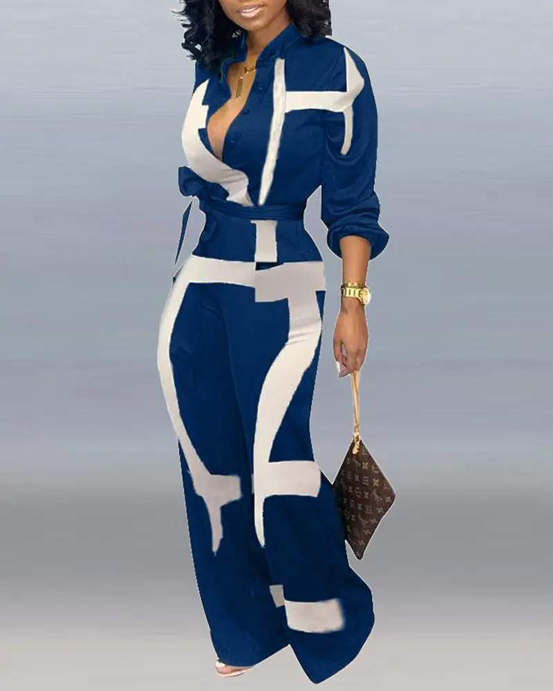 ABSTRACT PRINT POCKET DECOR LONG SLEEVE JUMPSUIT WITH BELT - Missyess