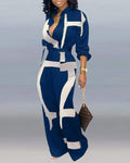 ABSTRACT PRINT POCKET DECOR LONG SLEEVE JUMPSUIT WITH BELT - Missyess