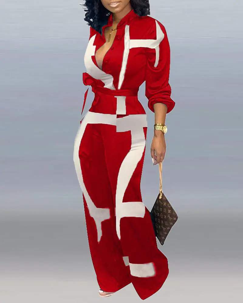 ABSTRACT PRINT POCKET DECOR LONG SLEEVE JUMPSUIT WITH BELT - Missyess