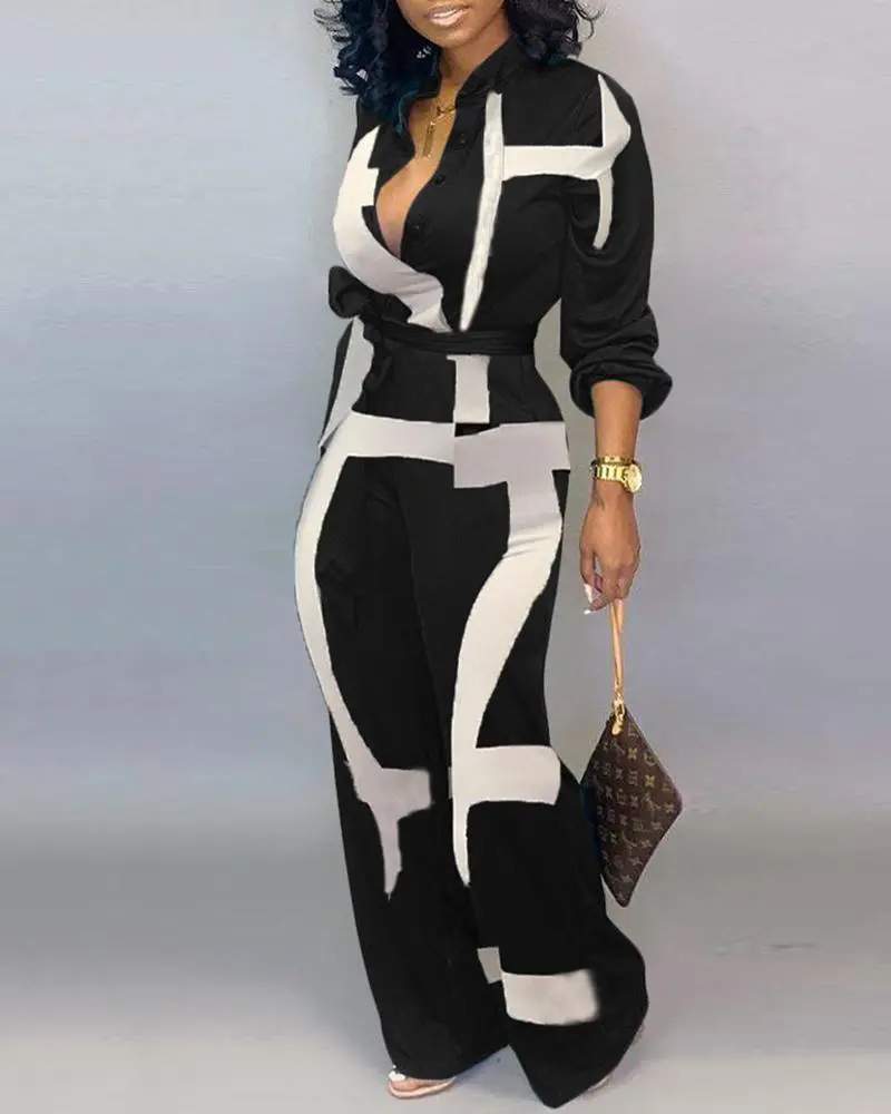 ABSTRACT PRINT POCKET DECOR LONG SLEEVE JUMPSUIT WITH BELT - Missyess