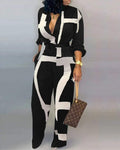 ABSTRACT PRINT POCKET DECOR LONG SLEEVE JUMPSUIT WITH BELT - Missyess