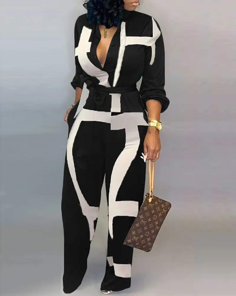 ABSTRACT PRINT POCKET DECOR LONG SLEEVE JUMPSUIT WITH BELT - Missyess