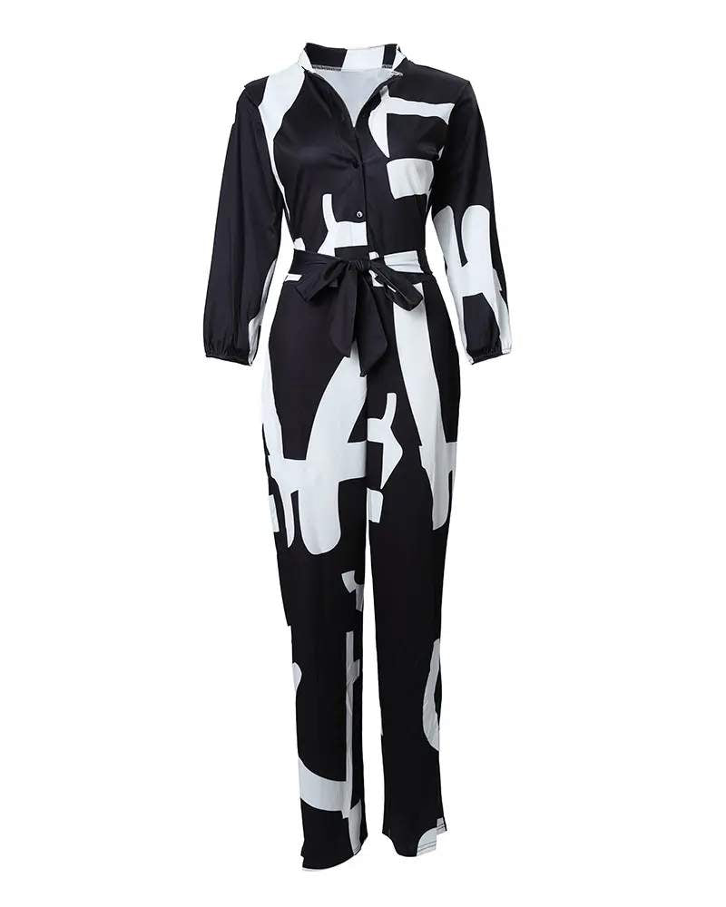 ABSTRACT PRINT POCKET DECOR LONG SLEEVE JUMPSUIT WITH BELT - Missyess