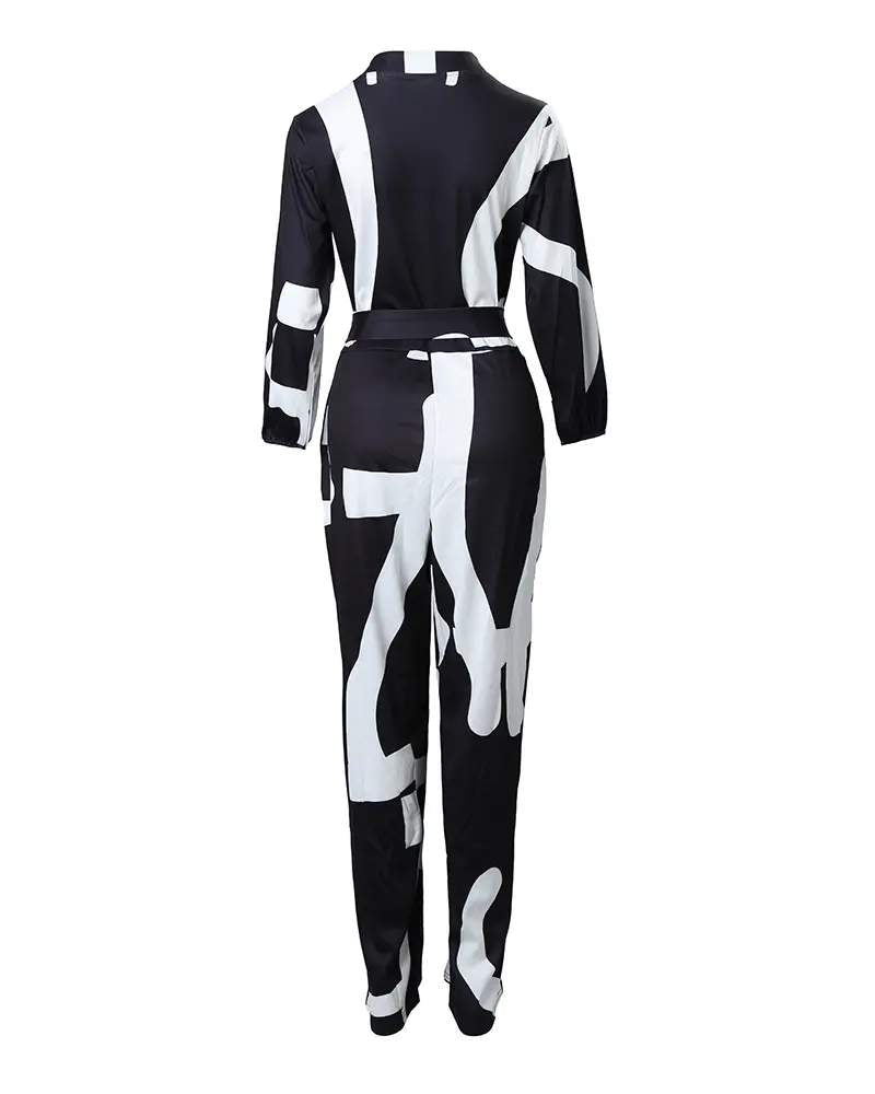 ABSTRACT PRINT POCKET DECOR LONG SLEEVE JUMPSUIT WITH BELT - Missyess