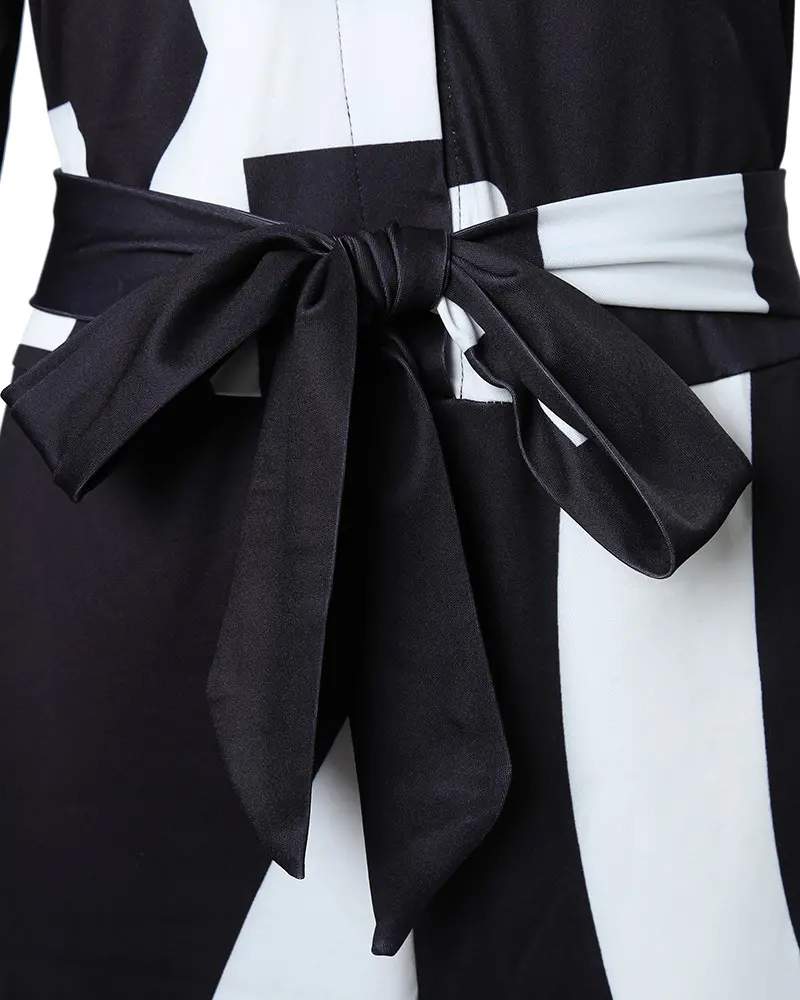 ABSTRACT PRINT POCKET DECOR LONG SLEEVE JUMPSUIT WITH BELT - Missyess