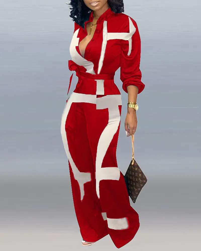 ABSTRACT PRINT POCKET DECOR LONG SLEEVE JUMPSUIT WITH BELT - Missyess